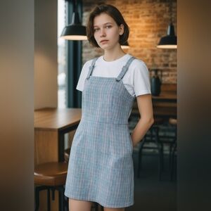 Plaid Pinafore Dress Women’s Overall Jumper Blue Gray Check Mini Dress‎ XS